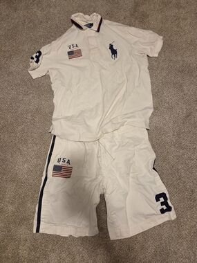 Ralph Lauren White USA Polo Shorts - Navy Accents